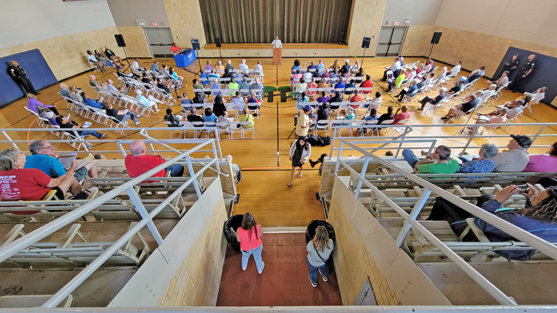 Homewood Auditorium is slated to get a makeover next year. This photo was taken during a town hall meeting with County Assessor Fritz Kaegi and state Rep. Will Davis in 2024. (Chronicle file photo)