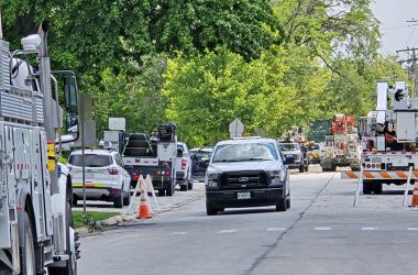 Multiple utility crews descend upon the area of Willow Road and Marshfield Avenue Friday afternoon, July 19, to work on getting power restored after the neighborhood was hit by an EF-1 tornado on Monday, July 15. (Eric Crump/H-F Chronicle)