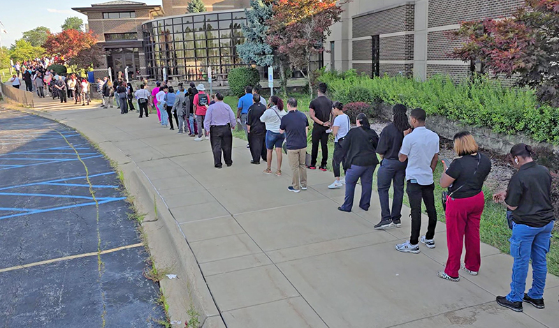 With an hour before the Wind Creek Casino hiring event was supposed to close, there was still a long line of job seekers waiting for a chance to interview. (Eric Crump/H-F Chronicle)