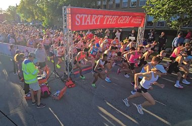 Runners are off as the fifth annual Hidden Gem Half Marathon begins at 7:30 a.m. Saturday, Sept. 7, in Flossmoor. (Eric Crump/H-F Chronicle)