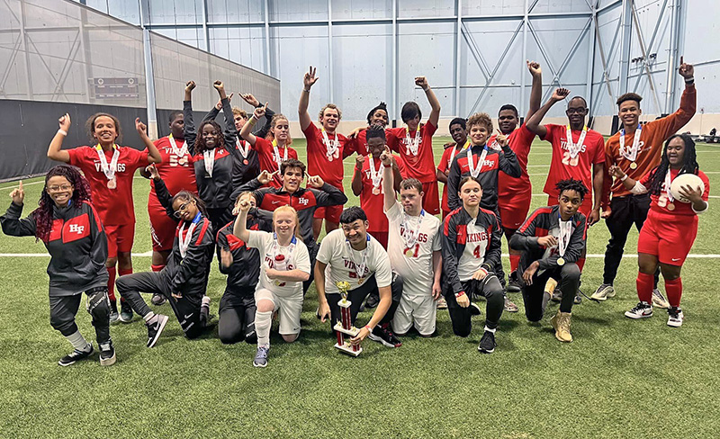 The two H-F teams celebrate their wins in the Special Olympics soccer competition. (Provided photo)