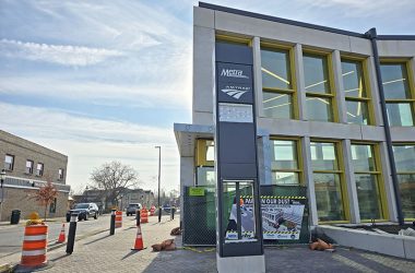 The east side entrance building, or "headhouse," of the Homewood train station as it appears on Nov. 24. The rebuilt entrance will open Monday, Nov. 9, after being closed 20 months for the renovation project. (Eric Crump/H-F Chronicle)