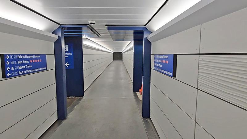 The renovated pedestrian tunnel at Homewood station lacks the dampness, water stains and musty odor of the old tunnel. (Eric Crump/H-F Chronicle)