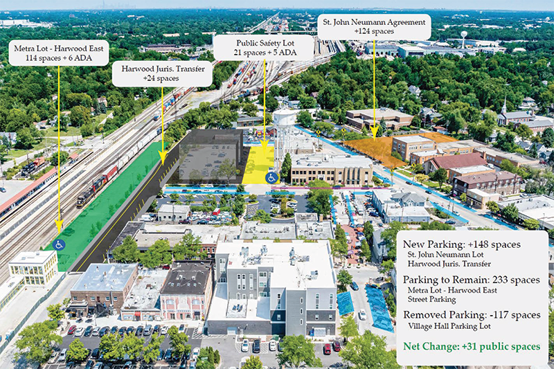 This map shows where parking will be lost and gained as a result of a new residential development on the village hall parking lot and new arrangements for parking in the downtown area. (Provided image)