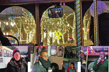 MAIN PHOTO: One of two Holiday Lights Tour trolleys turns north from Flossmoor Road onto Sterling Avenue to give riders a chance to see the holiday light display in downtown Flossmoor. The tour of downtown and residential light displays was the first year of what organizers hope will become a tradition. The tour was full a day after signup was announced, so event managers Stephanie Wright of Flossmoor, inset left, and Marla Youngblood of Homewood, inset right, expect to need more than two trolleys next year. CENTER INSET: Danielle Ragland announces that her young son Campbell's favorite display was the "Wonka house" at 2327 Hutchison Road in Flossmoor, which is decorated with themes from the film, "Willy Wonka and the Chocolate Factory." (Eric Crump photos/H-F Chronicle)