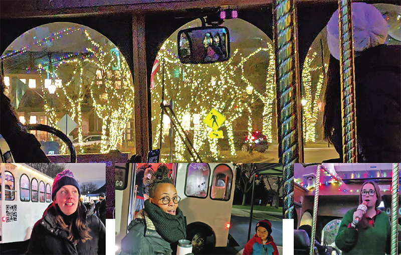 MAIN PHOTO: One of two Holiday Lights Tour trolleys turns north from Flossmoor Road onto Sterling Avenue to give riders a chance to see the holiday light display in downtown Flossmoor. The tour of downtown and residential light displays was the first year of what organizers hope will become a tradition. The tour was full a day after signup was announced, so event managers Stephanie Wright of Flossmoor, inset left, and Marla Youngblood of Homewood, inset right, expect to need more than two trolleys next year. CENTER INSET: Danielle Ragland announces that her young son Campbell's favorite display was the "Wonka house" at 2327 Hutchison Road in Flossmoor, which is decorated with themes from the film, "Willy Wonka and the Chocolate Factory." (Eric Crump photos/H-F Chronicle)