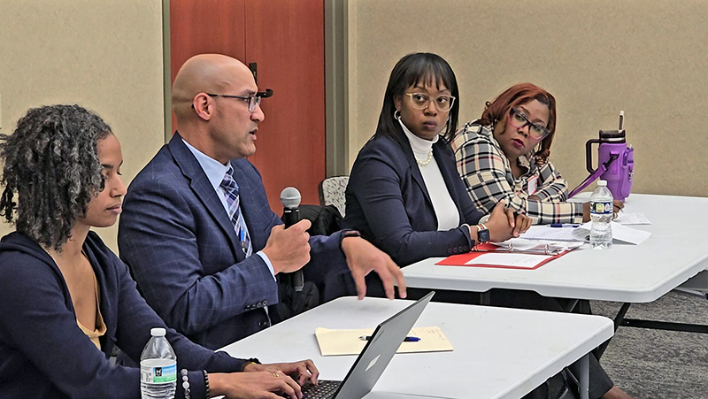 From left, Heather Hill Civic Association Vice President Dominica McBride, District 161 Superintendent Dana Smith, association President Ashly Giddens and Treasurer Crystal Cleggett. Smith was the featured speaker at the association's second meeting in December 2024. (Eric Crump/H-F Chronicle)