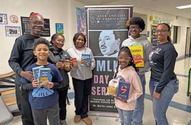 Volunteers collected food and toiletries at the Jack and Jill of America, Inc. Monarch Chapter event as part of Flossmoor's Martin Luther King Jr. Day of Service program. Working at Western Avenue School were, from left Nunya Irvine, program co-chair; Enyo Irvine, Noelani Hill, Audra Hill, Ari Binion, Aiden Binion and Latisha Malone, program chair. (Marilyn Thomas/H-F Chronicle)