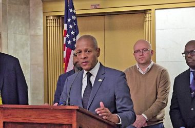 Hazel Crest Mayor Vernard Alsberry speaks at a news conference on Jan. 29 to advocate for legislation that is intended to bring some property tax relief to the hardest hit residents of the South Suburbs. (Eric Crump/H-F Chronicle)