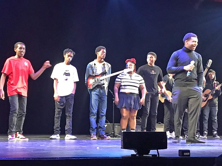 Talent show contestants and hosts take the stage as they wait for the winner to be announced. (Lolita Cusic/H-F Chronicle)