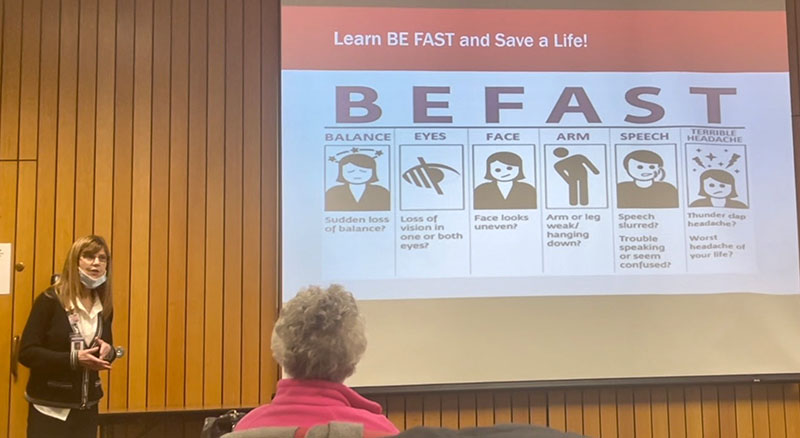 Joyce Fitzpatrick, left, teaches the stroke detection guidance acronym "BE FAST" to attendees. (Summer Kiswani/ H-F Chronicle)