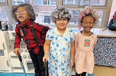 How do kindergarteners look when pretending to be 100 years old? Karter Moore, left, Daisy Rodriguez, center, and Journey Johnson were impressive with their interpretations of aging as they marked 100 days of learning at Willow School. (Marilyn Thomas/H-F Chronicle)
