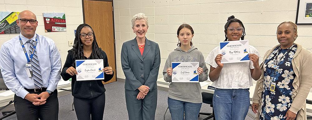 From left, Superintendent Dana Smith, Laydee Church, Kris Condon, Leif Solorio, Naya Kittling, and Parker Principal Ursula Parris. (Provided photo)
