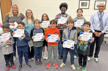 2025 Mathbowl participants recognized by the District 161 Board of Education. Back row, from left, Division A Coach Elaine Wengert, Division B Coach Carrie Gallagher, Max Bizjak, Bree Frye, and Superintendent Dana Smith. Front row, from left, Jonah Roberson, Jaden Vazquez, Edwin Stelk, Joshua Cote, Martin Stelk, and Emilio Gaytan. (Provided photo)