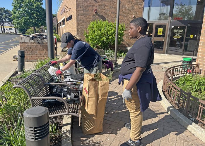 Master Gardener horticulture educator Nancy Kreith, left, and James Hart School student Josh Cox, right, work together at the Homewood Public Library spring planting on May 8. (Nick Ulanowski/H-F Chronicle)