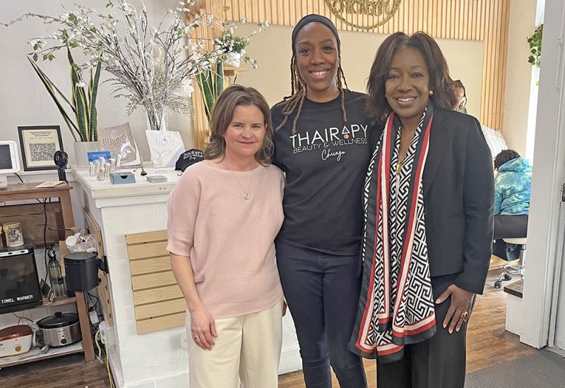 Thairapy Beauty & Wellness owner Rita Natasha, center, with Flossmoor Mayor Michelle Nelson, left, and Illinois District Director of the U.S. Small Business Administration (SBA) Willette LeGrant, right, inside Thairapy during the SBA's walking tour of downtown Flossmoor. (Nick Ulanowski/H-F Chronicle)