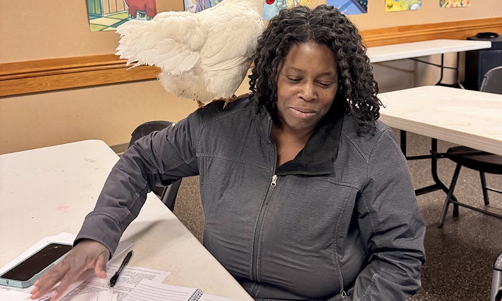 Sandy gets a birds-eye view of Tracy Woodson’s notes during Jennifer Murtoff’s chicken-keeping seminar at the Homewood Library May10. (Karen Torme Olson/H-F Chronicle)