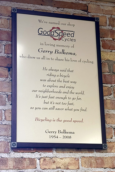 A plaque honoring GoodSpeed owner Graham Bolkema’s dad, Gerry, hangs in a prominent spot in the store. (Karen Torme Olson/H-F Chronicle)