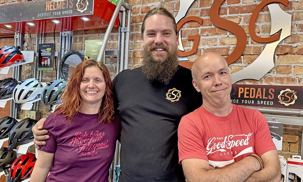The GoodSpeed team, from left, Alyss and Graham Bolkema and Steve Buchtel make the bike shop a welcoming gathering place for cyclists as well as a great place to keep their bikes in shape. (Karen Torme Olson/H-F Chronicle)