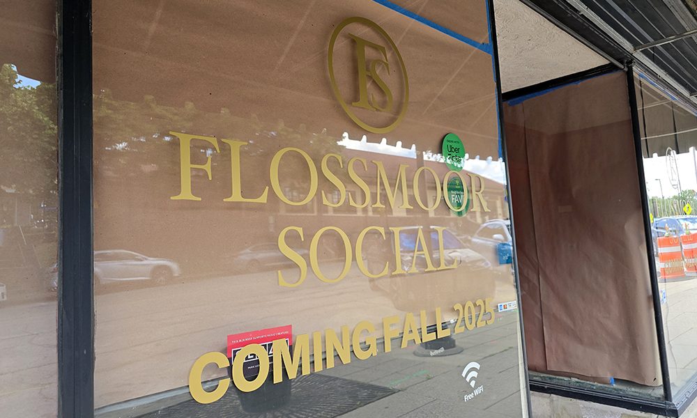 A sign in the window at 1040 Sterling Ave. indicates a new restaurant, Flossmoor Social, is expected to open this fall. (Eric Crump/H-F Chronicle)