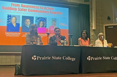 From left, Quiwana Bell, Avik Das, Donna Miller and Robin Kelly speak at the From Violence to Action: Building Safer Communities Together conference at Prairie State College. (Nick Ulanowski/H-F Chronicle)