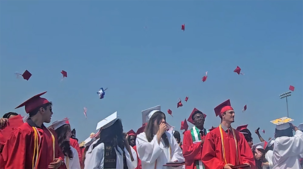 Caps fly as members of the H-F High Class of 2025 celebrate their graduation on Sunday, June 1. (Eric Crump/H-F Chronicle)