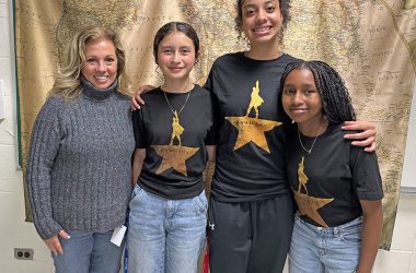 Three students at Parker Junior High won a contest to see a production of "Hamilton" in New York City. Teacher Linda O'Dwyer, left, accompanied students Isabella Aventano, Minah Bobb and Tabitha Waite. (Marilyn Thomas/H-F Chronicle)