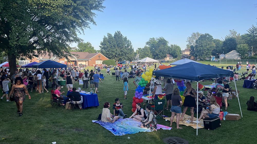 The community gathers at Irwin Park in Homewood for the Homewood-Flossmoor Pride Fest on Friday, June 20. (Nick Ulanowski/H-F Chronicle)