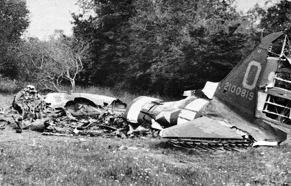 The wreckage of C-47 transport plane piloted by Steve Baran on the ground after being shot down by German forces in 1944. (Photo courtesy of Greg and Nancy Voll)
