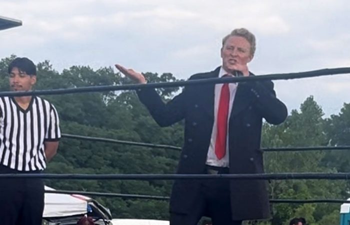 A Donald Trump impersonator competes in a wrestling match at Feast of the Goat Queen. (Nick Ulanowski/ H-F Chronicle)