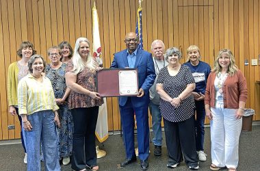 Rep. Will Davis, D-Homewood, center, presents the staff of the Homewood Public Library an official proclamation celebrating the library's 100th anniversary. Joining Davis are, from left, Kate Arnold, Leslie Stark, Juanita Nutting, Margaret Novak, Karin Gerson, Brian Bell, Susan Norman, Kathy Tisoncik and Lisa Stilts. (Provided photo)