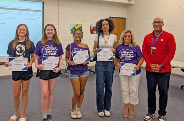 National History Day participants from Parker Junior High. From left: Camille Mlynarcik, Riordan Kelly, Nia Davis, Minah Bobb, Social Studies and Humanities Teacher Linda O'Dwyer and Superintendent Dana Smith. Not pictured: Hannah Daggett. (Chris Weber/H-F Chronicle)