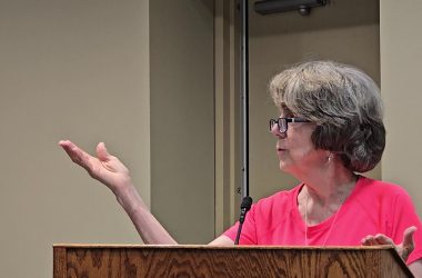 Peggy Childs, a leader in the recently formed neighborhood organization that includes Olive, Hickory and Elder roads in Homewood, reports to the Homewood board on the group's early efforts to improve safety in the area. (Eric Crump/H-F Chronicle)