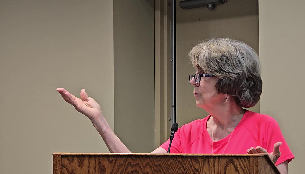 Peggy Childs, a leader in the recently formed neighborhood organization that includes Olive, Hickory and Elder roads in Homewood, reports to the Homewood board on the group's early efforts to improve safety in the area. (Eric Crump/H-F Chronicle)