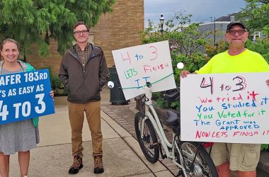 From left, 183rd Street residents Caroline and Ashley Kjos and regular cyclist Mark Grupe advocate before the Homewood village board meeting Tuesday, Aug. 12, for a proposed traffic calming project on 183rd Street. (Eric Crump/H-F Chronicle)