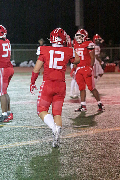 Vikings Linebacker Ryan Koprowski (12) lines up on defense during the home opener vs. Bolingbrook. (Benjamin Faoro/H-F Chronicle)