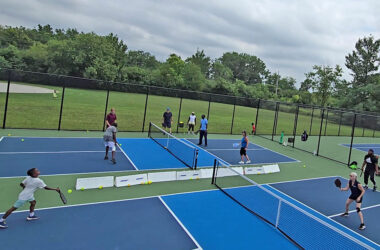 The new pickleball courts at Highlands Park Courts were popular during the grand opening of the new facility on Sunday, Aug. 17. (Eric Crump/H-F Chronicle)