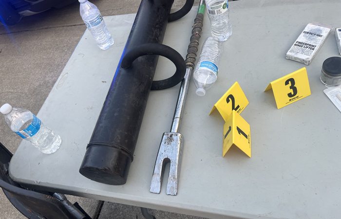 A battering ram and halligan bar on display at National Night Out. (Nick Ulanowski / H-F Chronicle)
