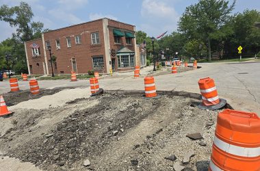 The extended curbs at the northwest and southwest corners of Central Drive will follow the shape of temporarily pylons that were put in place to improve pedestrian safety several years ago. (Eric Crump/H-F Chronicle)