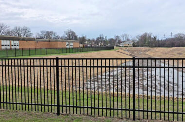 This photo looks north from the southern end of the Heather Hill storm water detention basin, which was completed last year. Flossmoor trustees have discussed but not decided whether the basin shoiuld be monitored by cameras. (Eric Crump/H-F Chronicle)
