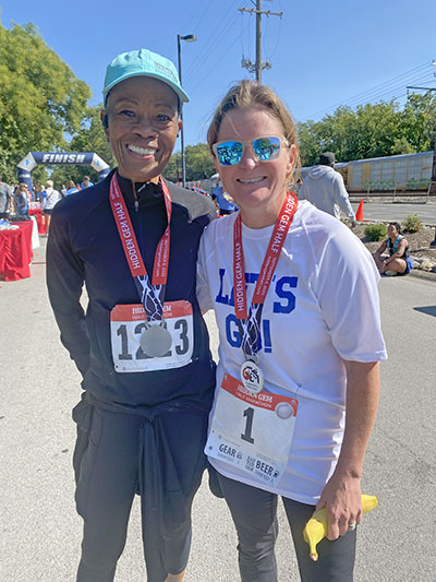 Flossmoor Mayor Michelle Nelson, right, congratulated Tamerra Buckhanan on her outstanding finish at the Hidden Gem Half-Marathon where Buckhanan finished first in the 80+ women's category. (Provided photo)