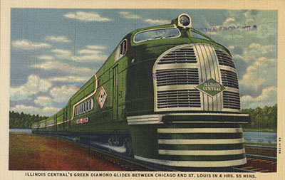 A rendering of the IC’s Green Diamond train which ran between Chicago and St. Louis hangs in the HHS.