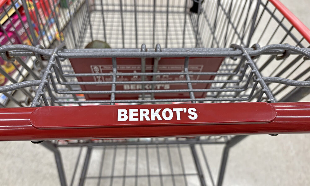 Rebranding from Walt's Foods to Berkot's Super Foods meant more than four dozen people working for hours to change over the name, including on the shopping carts at the store in Homewood. (Marilyn Thomas/H-F Chronicle)