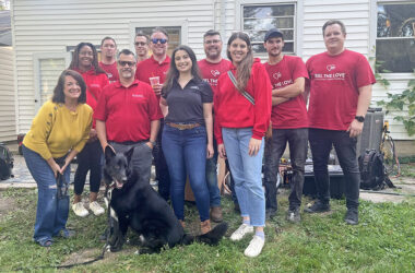Homewood resident Jessica Gadomski, far left, outside her home with Hoekstra HVAC ownership and staff and Lennox territory manager Jennifer Simko, center. (Nick Ulanowski/H-F Chronicle)