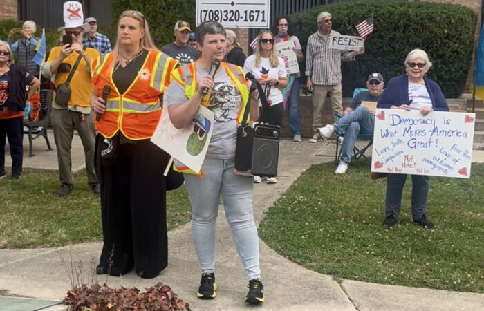 Action for a Better Tomorrow organizers Jennifer Peterson, left, and Annie Lawrence give a speech during the No Kings rally in Homewood on Oct. 18. (Nick Ulanowski / H-F Chronicle)