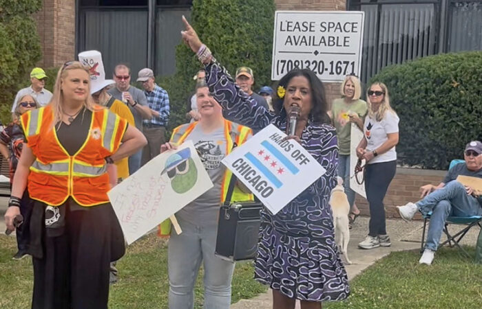 Cook County Commissioner Donna Miller speaks at the No Kings rally in Homewood on Oct. 18. (Nick Ulanowski / H-F Chronicle)