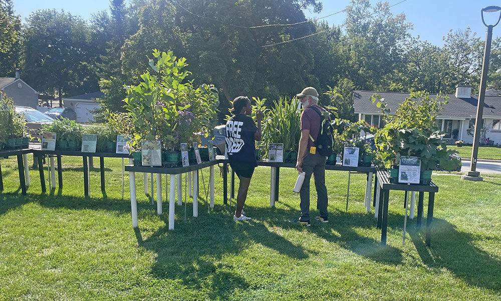 Flossmoor Green Commission Chair Tristan Shaw talks with a resident about plants for sale at OAKtoberfest in Flossmoor on Oct. 4. (Jamilah Lewis/H-F Chronicle)