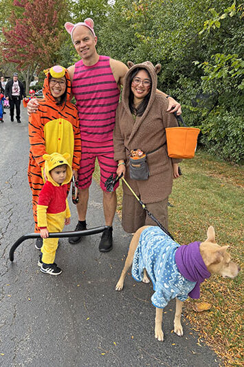 The Swinehart family celebrated Halloween. Wesley was Pooh, Ellen was Tiger, Nick was Piglet, Sarah was Kanga. Tagging along was their dog, Mochi. (Marilyn Thomas/H-F Chronicle)