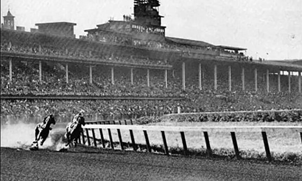 Nashua (right) and Swaps round the first turn at the Washington Park Racetrack during their historic match race. (Provided photo/Homewood Historical Society)