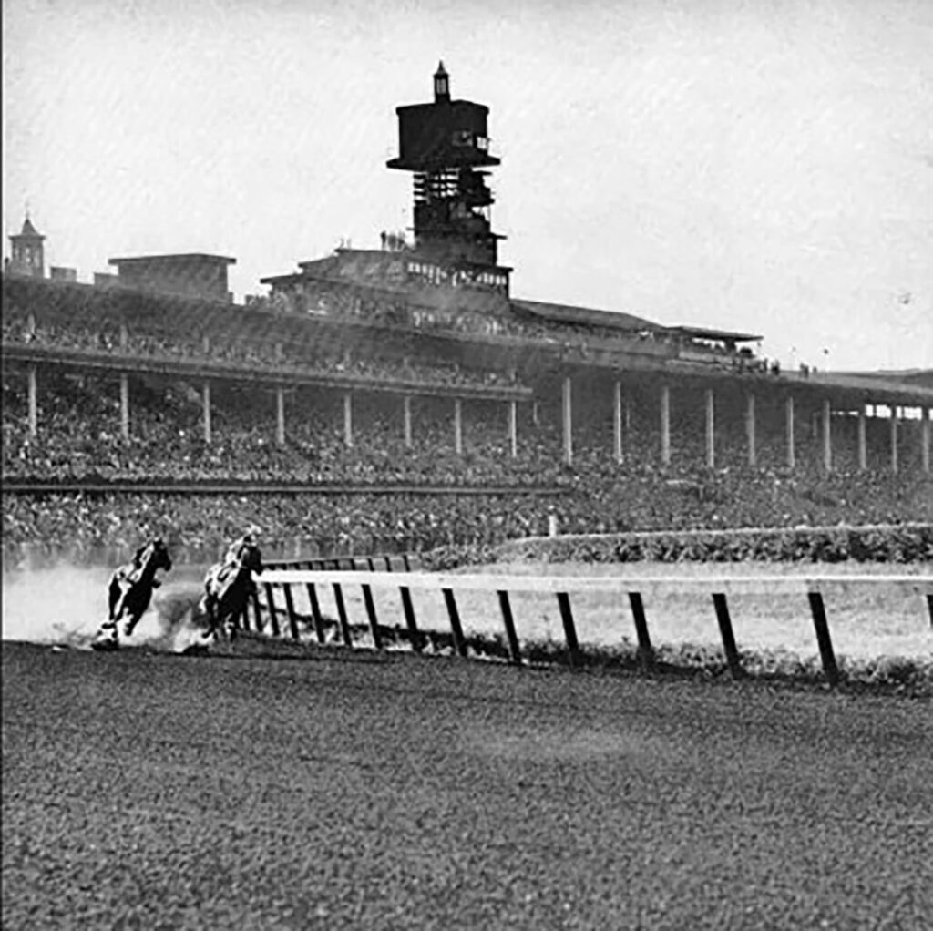 Nashua (right) and Swaps round the first turn at the Washington Park Racetrack during their historic match race. (Provided photo/Homewood Historical Society)
